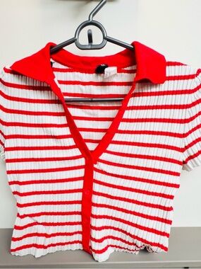 H&M Red and White Striped Crop Polo Top